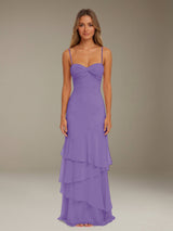 Free Shipping Ruffled Chiffon Bridesmaid Dress Spaghetti Straps Floor Length
