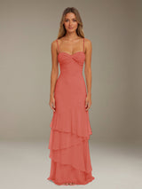Free Shipping Ruffled Chiffon Bridesmaid Dress Spaghetti Straps Floor Length
