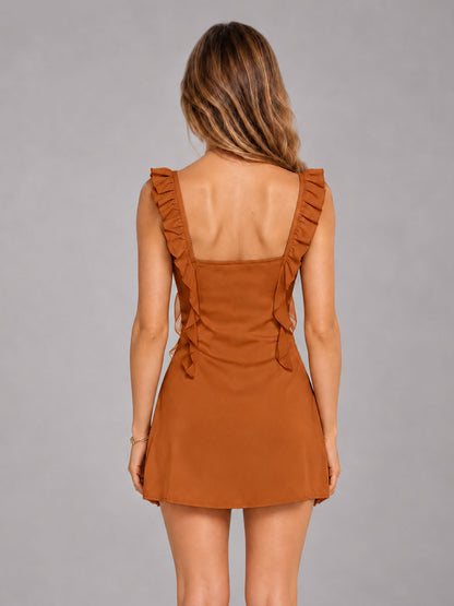 Burnt Orange Ruffled Sweetheart Stretch Satin Mini Homecoming Dresses