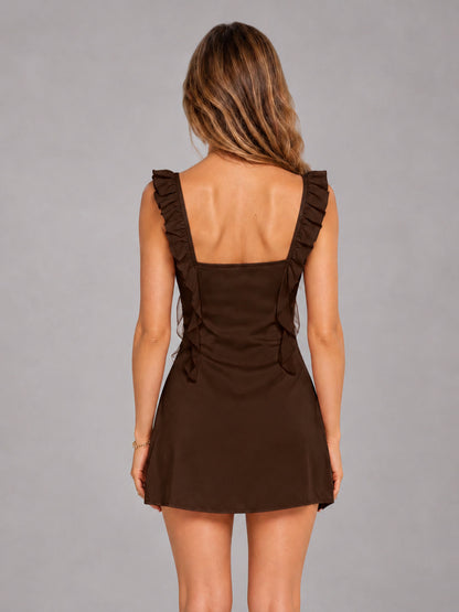 Chocolate Ruffled Sweetheart Stretch Satin Mini Homecoming Dresses