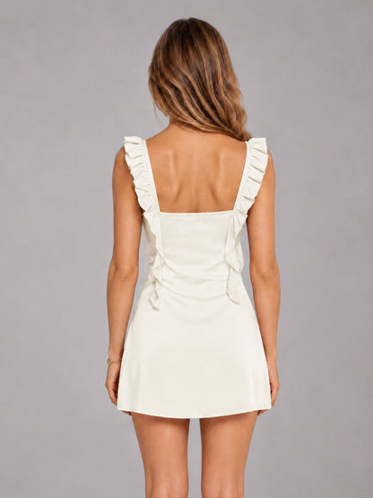 Ivory Ruffled Sweetheart Stretch Satin Mini Homecoming Dresses