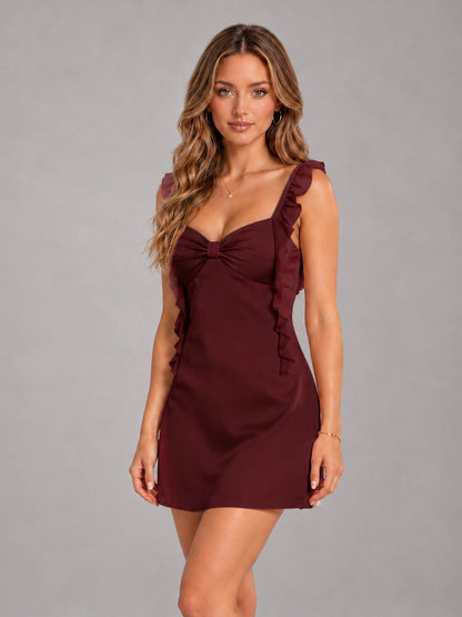 Maroon Ruffled Sweetheart Stretch Satin Mini Homecoming Dresses