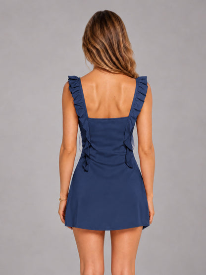 Navy Blue Ruffled Sweetheart Stretch Satin Mini Homecoming Dresses