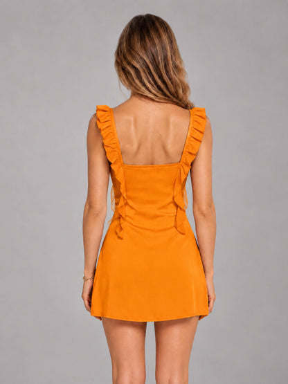Orange Ruffled Sweetheart Stretch Satin Mini Homecoming Dresses