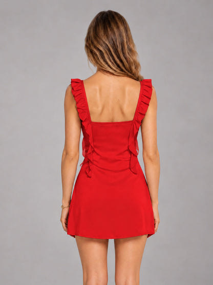 Red Ruffled Sweetheart Stretch Satin Mini Homecoming Dresses