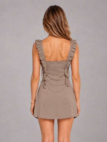 Taupe Ruffled Sweetheart Stretch Satin Mini Homecoming Dresses