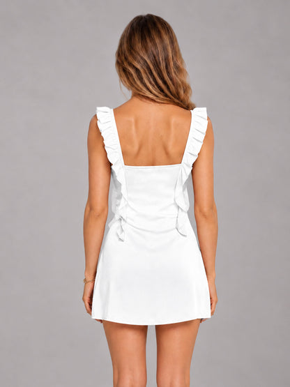 White Ruffled Sweetheart Stretch Satin Mini Homecoming Dresses