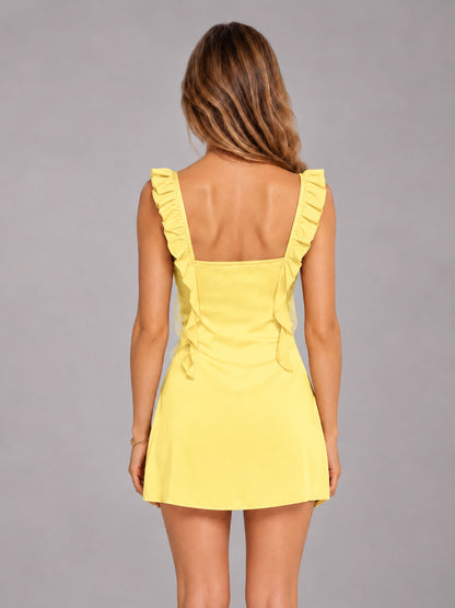 Yellow Ruffled Sweetheart Stretch Satin Mini Homecoming Dresses
