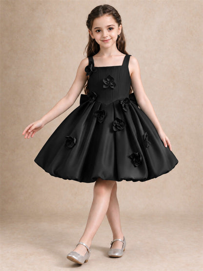 Satin Flower Girl Dress Square Neck 3D Floral Bubble Skirt with Big Bow for Wedding First Communion