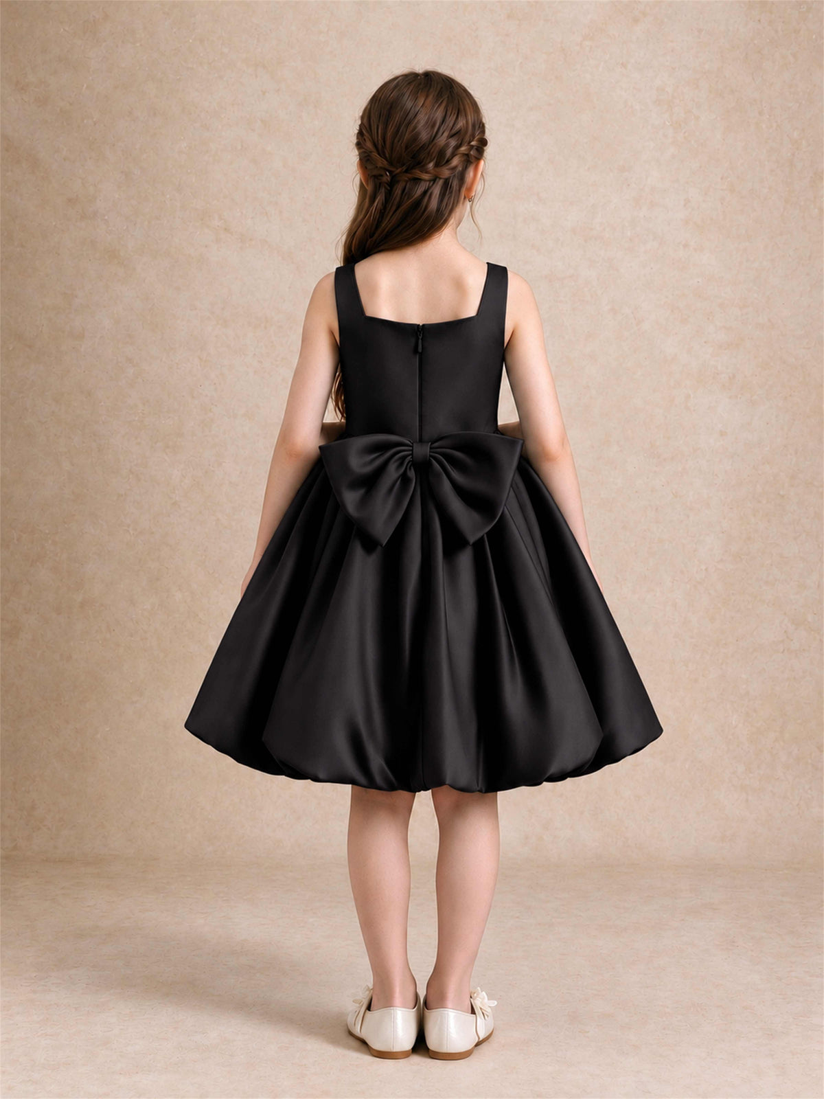 Satin Flower Girl Dress Square Neck 3D Floral Bubble Skirt with Big Bow for Wedding First Communion