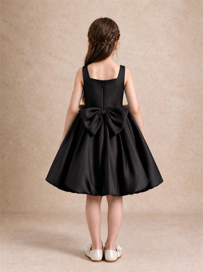 Satin Flower Girl Dress Square Neck 3D Floral Bubble Skirt with Big Bow for Wedding First Communion