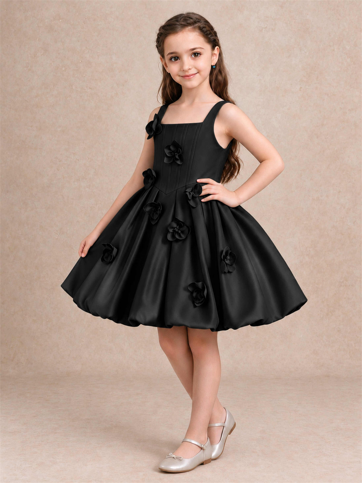 Satin Flower Girl Dress Square Neck 3D Floral Bubble Skirt with Big Bow for Wedding First Communion