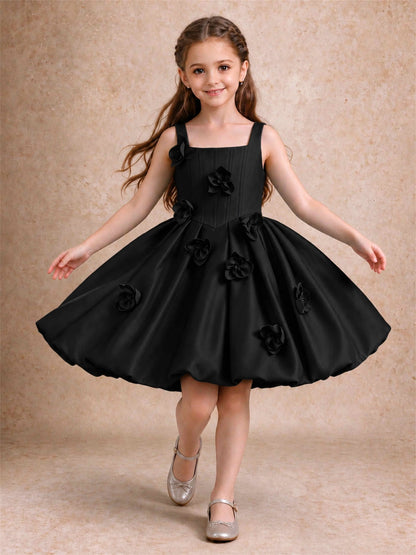 Satin Flower Girl Dress Square Neck 3D Floral Bubble Skirt with Big Bow for Wedding First Communion