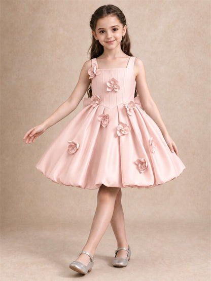 Satin Flower Girl Dress Square Neck 3D Floral Bubble Skirt with Big Bow for Wedding First Communion