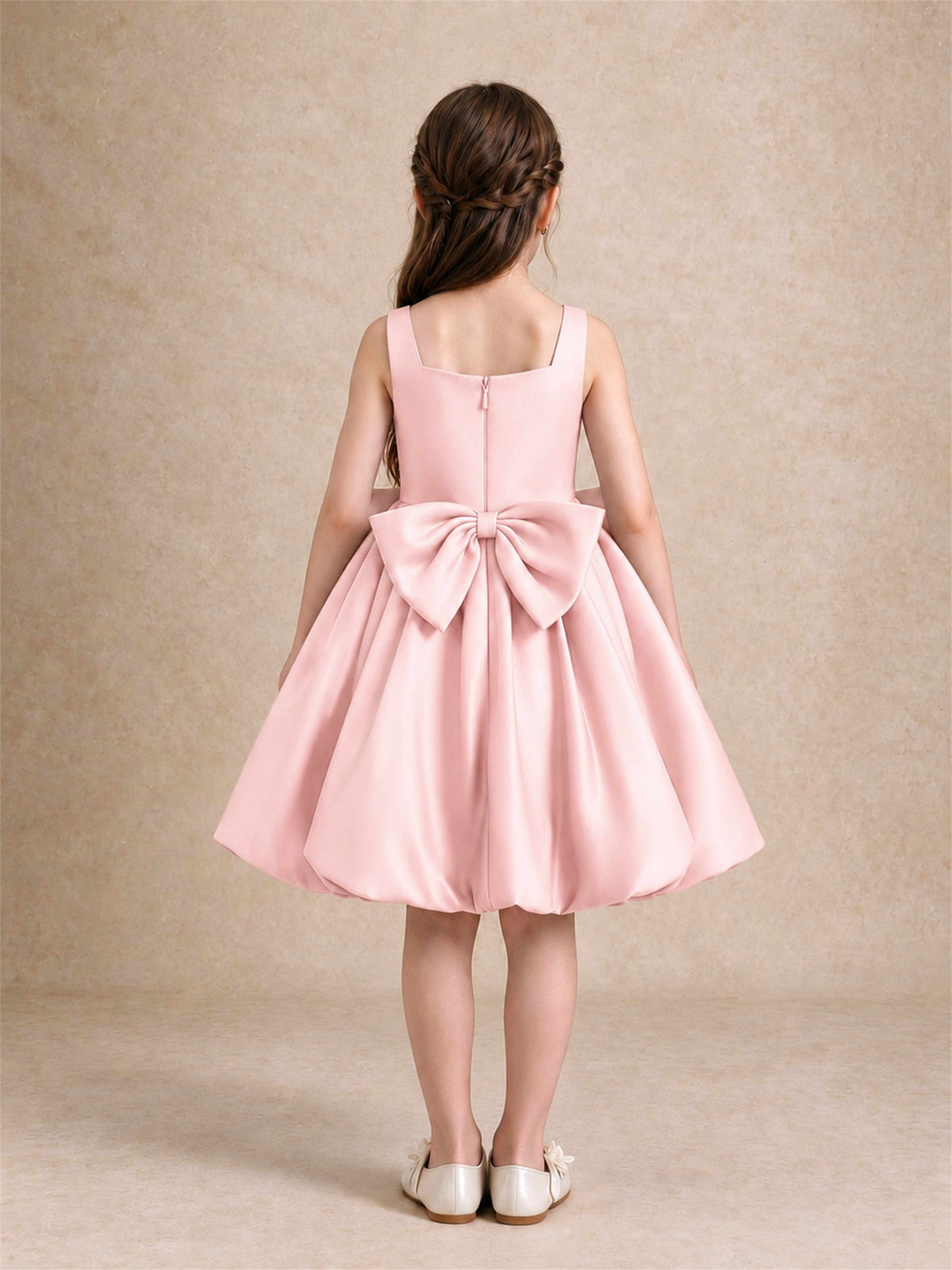 Satin Flower Girl Dress Square Neck 3D Floral Bubble Skirt with Big Bow for Wedding First Communion