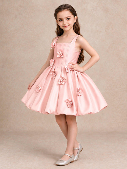 Satin Flower Girl Dress Square Neck 3D Floral Bubble Skirt with Big Bow for Wedding First Communion
