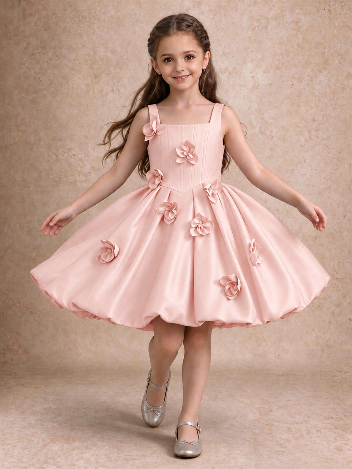 Satin Flower Girl Dress Square Neck 3D Floral Bubble Skirt with Big Bow for Wedding First Communion