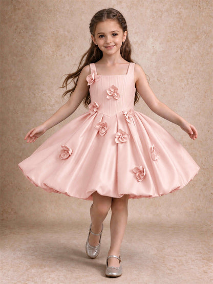 Satin Flower Girl Dress Square Neck 3D Floral Bubble Skirt with Big Bow for Wedding First Communion