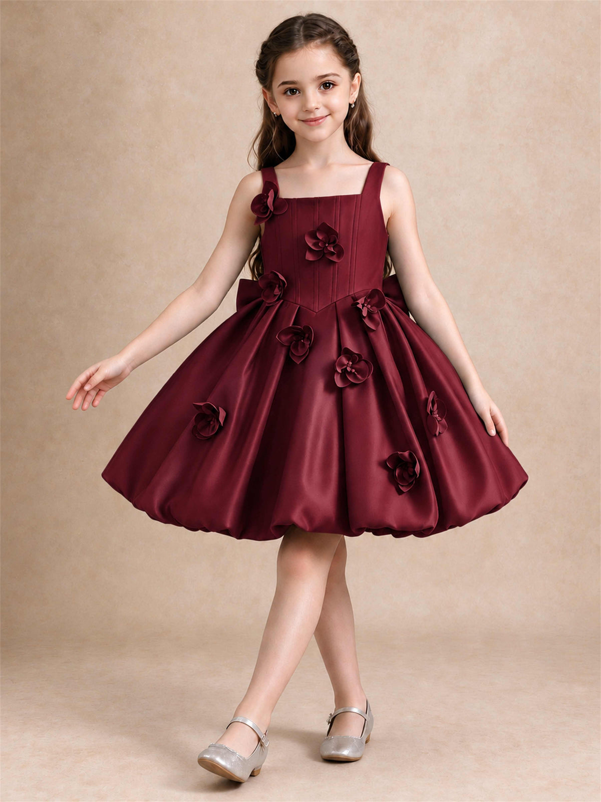 Satin Flower Girl Dress Square Neck 3D Floral Bubble Skirt with Big Bow for Wedding First Communion