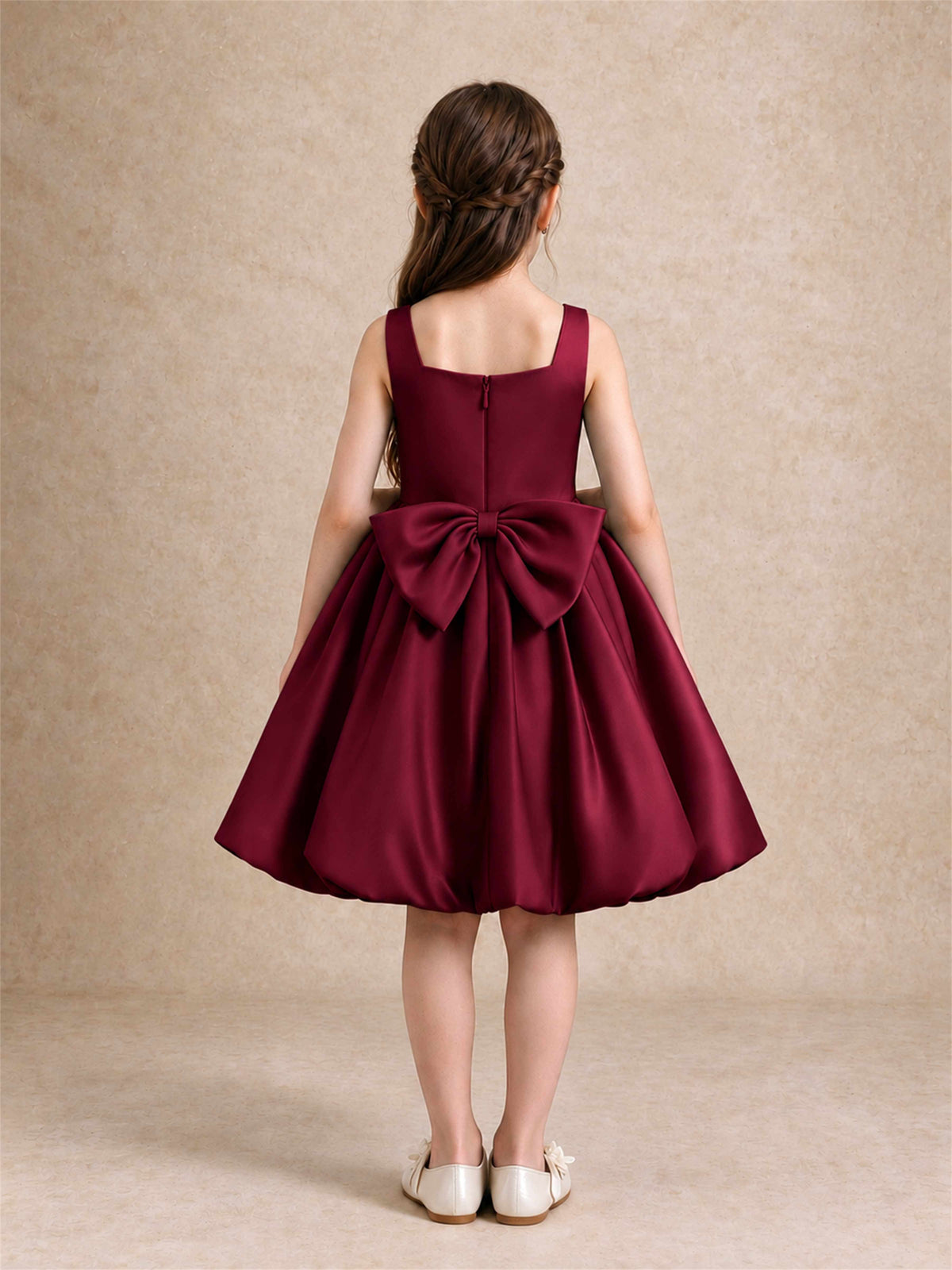Satin Flower Girl Dress Square Neck 3D Floral Bubble Skirt with Big Bow for Wedding First Communion