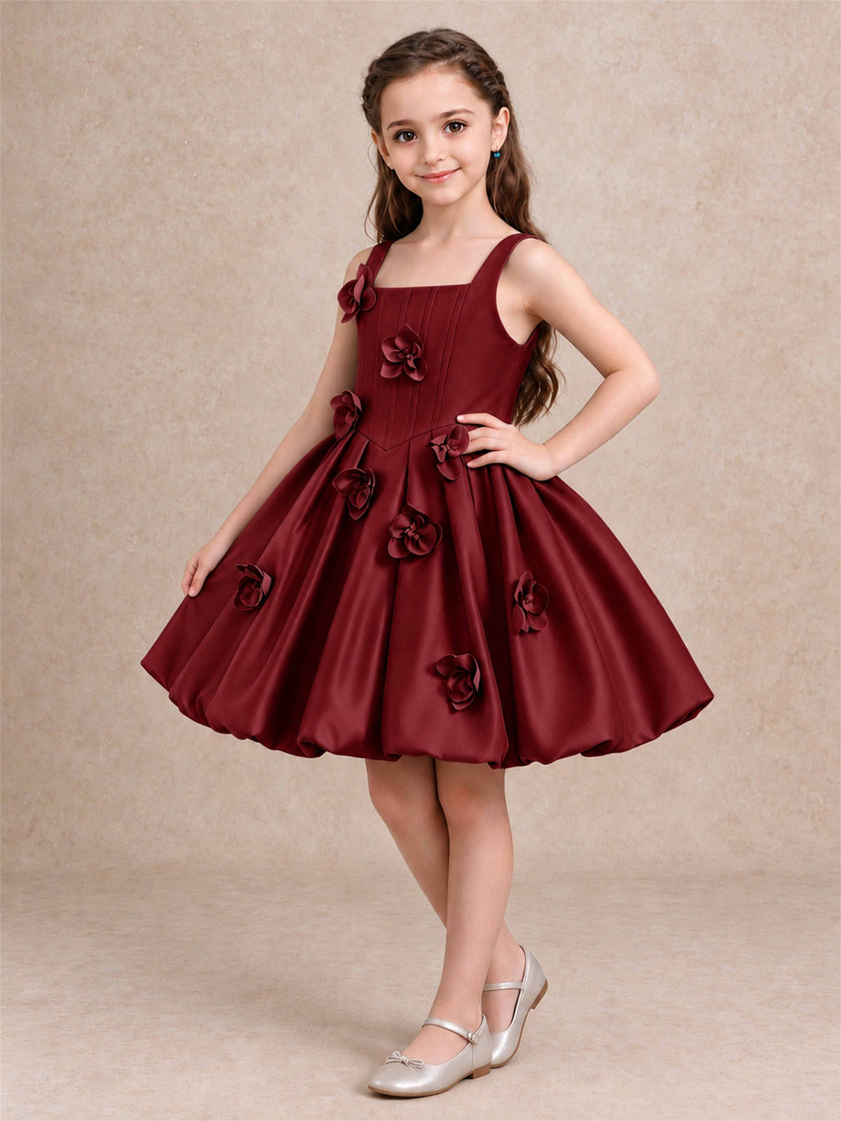 Satin Flower Girl Dress Square Neck 3D Floral Bubble Skirt with Big Bow for Wedding First Communion