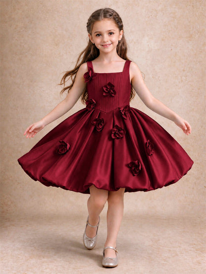 Satin Flower Girl Dress Square Neck 3D Floral Bubble Skirt with Big Bow for Wedding First Communion
