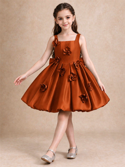 Satin Flower Girl Dress Square Neck 3D Floral Bubble Skirt with Big Bow for Wedding First Communion