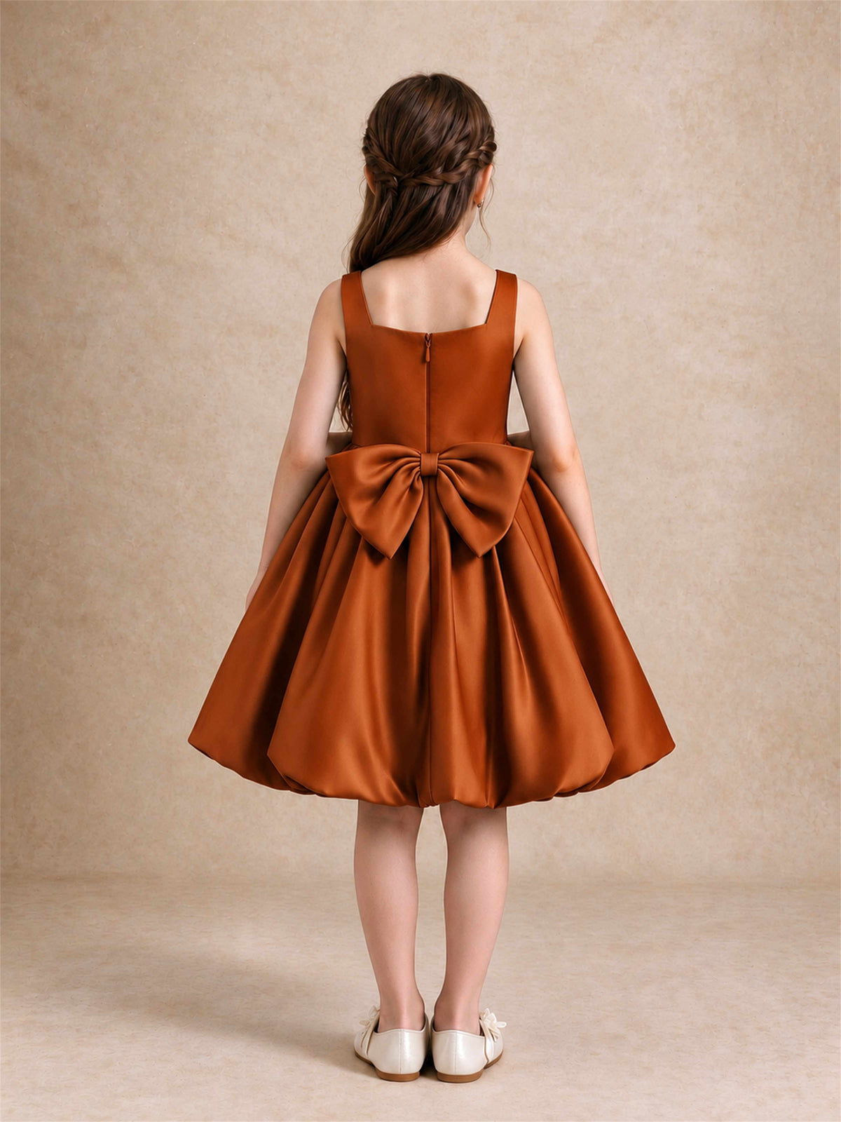 Satin Flower Girl Dress Square Neck 3D Floral Bubble Skirt with Big Bow for Wedding First Communion