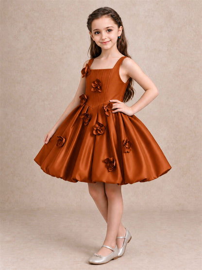 Satin Flower Girl Dress Square Neck 3D Floral Bubble Skirt with Big Bow for Wedding First Communion
