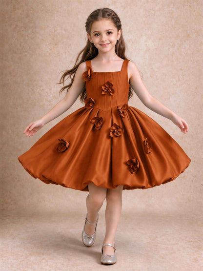 Satin Flower Girl Dress Square Neck 3D Floral Bubble Skirt with Big Bow for Wedding First Communion
