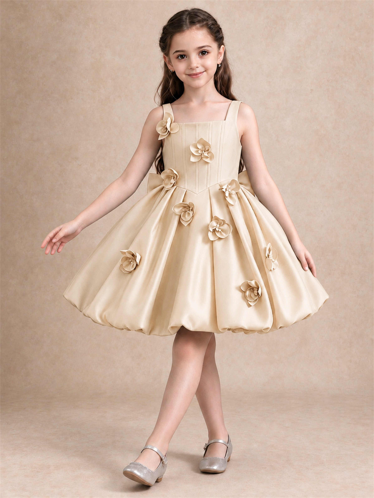 Satin Flower Girl Dress Square Neck 3D Floral Bubble Skirt with Big Bow for Wedding First Communion