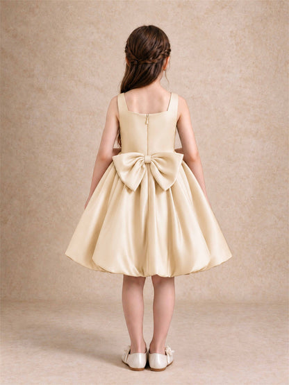 Satin Flower Girl Dress Square Neck 3D Floral Bubble Skirt with Big Bow for Wedding First Communion