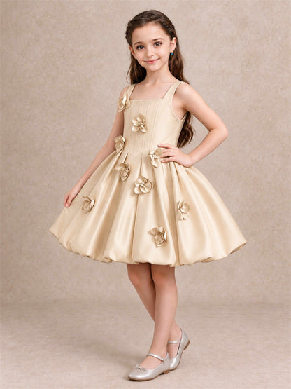Satin Flower Girl Dress Square Neck 3D Floral Bubble Skirt with Big Bow for Wedding First Communion