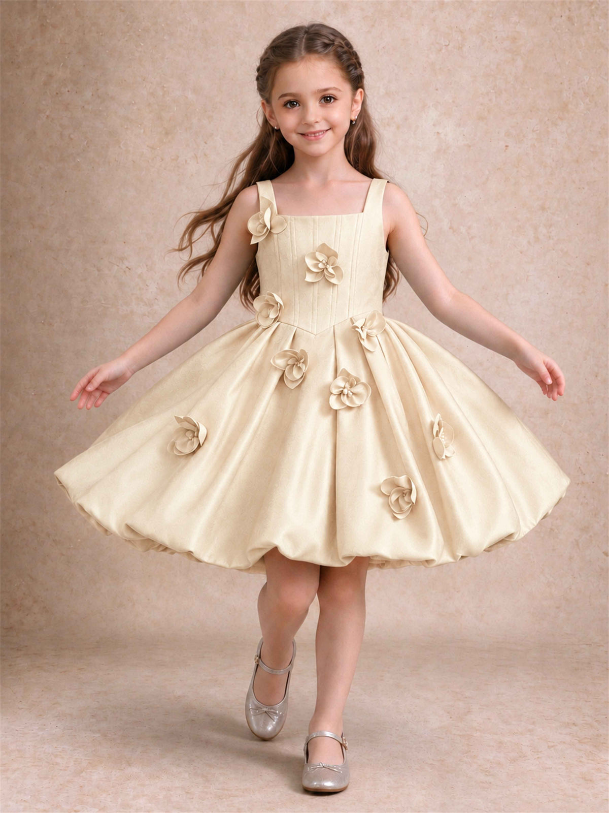 Satin Flower Girl Dress Square Neck 3D Floral Bubble Skirt with Big Bow for Wedding First Communion