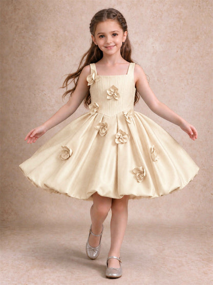 Satin Flower Girl Dress Square Neck 3D Floral Bubble Skirt with Big Bow for Wedding First Communion
