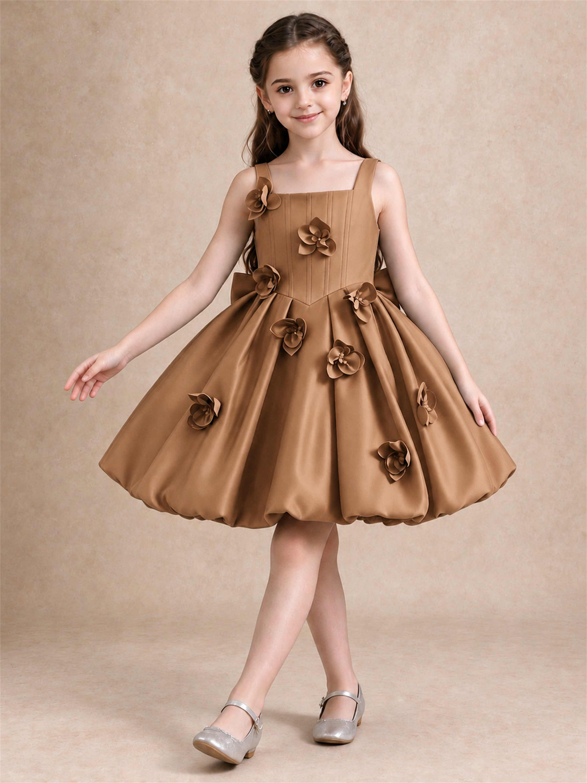 Satin Flower Girl Dress Square Neck 3D Floral Bubble Skirt with Big Bow for Wedding First Communion