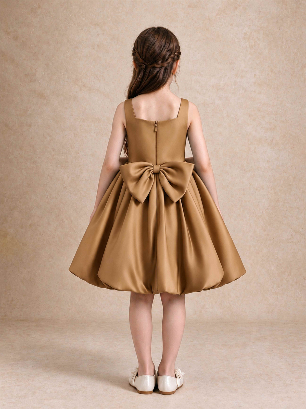 Satin Flower Girl Dress Square Neck 3D Floral Bubble Skirt with Big Bow for Wedding First Communion