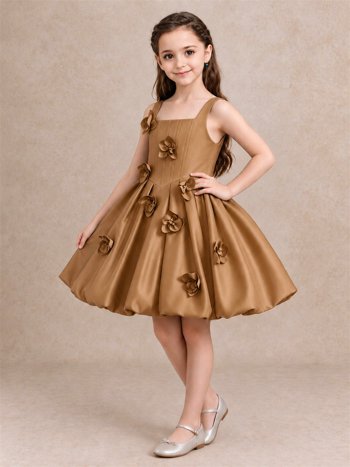 Satin Flower Girl Dress Square Neck 3D Floral Bubble Skirt with Big Bow for Wedding First Communion