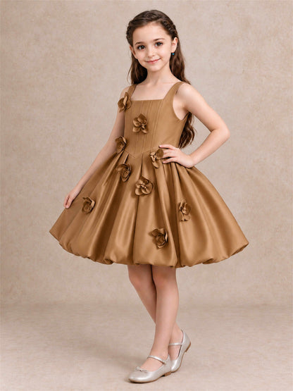 Satin Flower Girl Dress Square Neck 3D Floral Bubble Skirt with Big Bow for Wedding First Communion