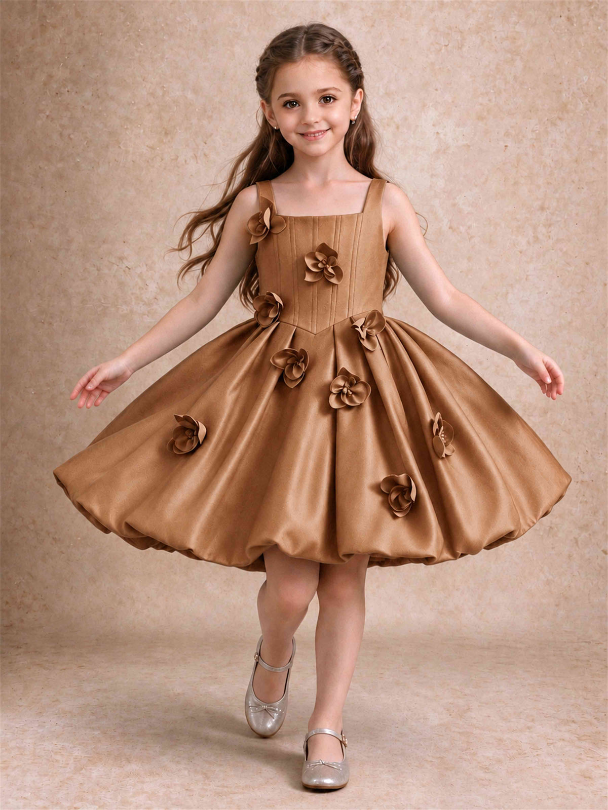 Satin Flower Girl Dress Square Neck 3D Floral Bubble Skirt with Big Bow for Wedding First Communion