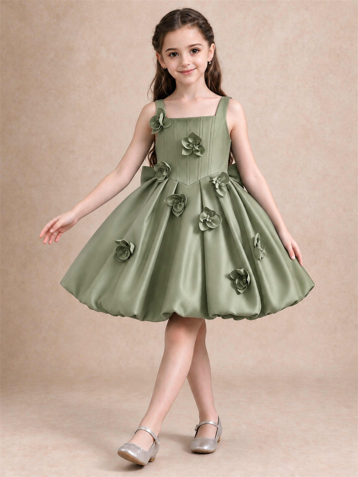 Satin Flower Girl Dress Square Neck 3D Floral Bubble Skirt with Big Bow for Wedding First Communion