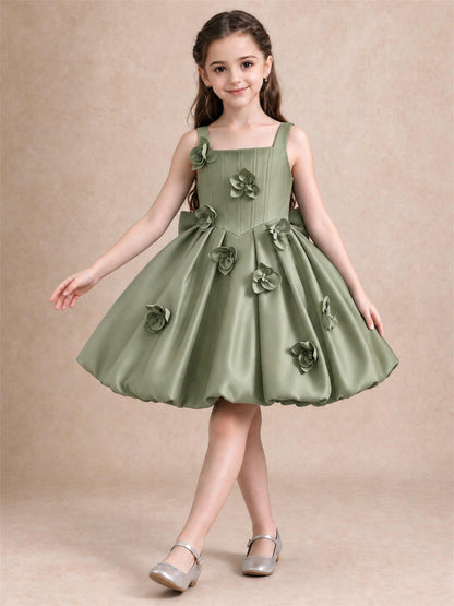 Satin Flower Girl Dress Square Neck 3D Floral Bubble Skirt with Big Bow for Wedding First Communion