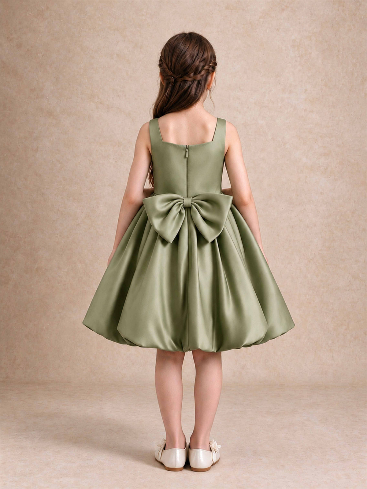 Satin Flower Girl Dress Square Neck 3D Floral Bubble Skirt with Big Bow for Wedding First Communion