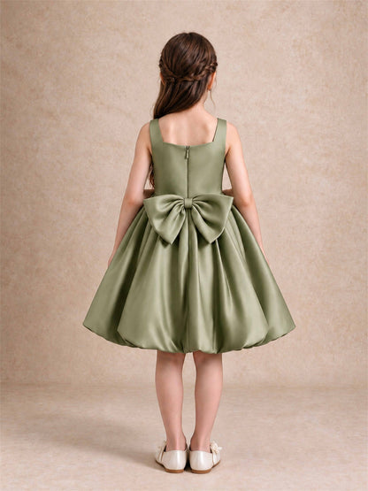 Satin Flower Girl Dress Square Neck 3D Floral Bubble Skirt with Big Bow for Wedding First Communion