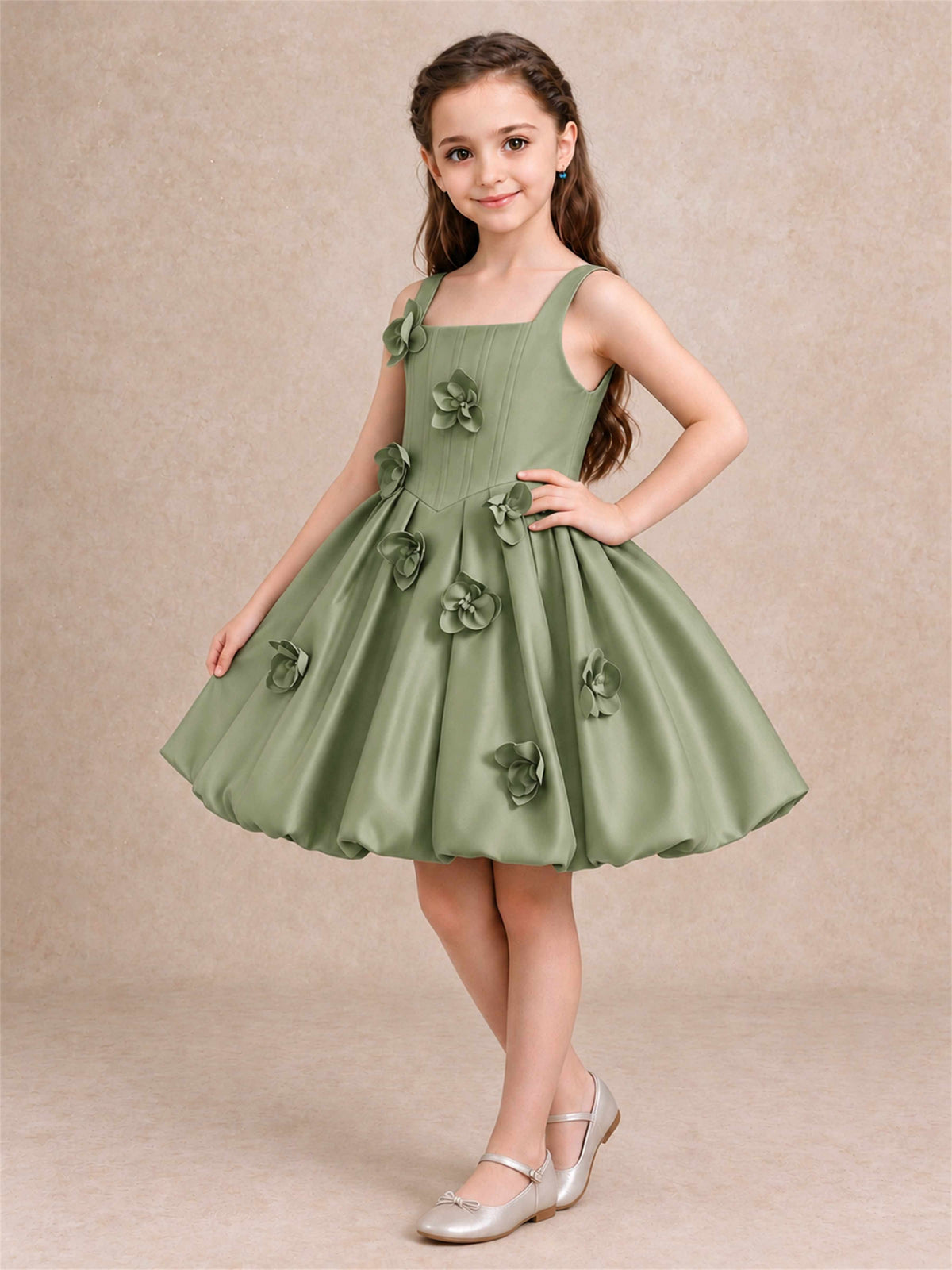 Satin Flower Girl Dress Square Neck 3D Floral Bubble Skirt with Big Bow for Wedding First Communion