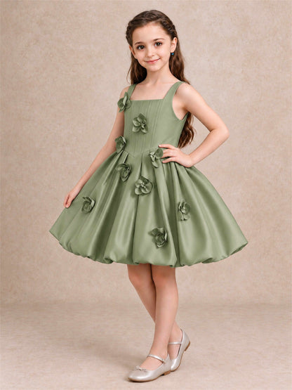Satin Flower Girl Dress Square Neck 3D Floral Bubble Skirt with Big Bow for Wedding First Communion