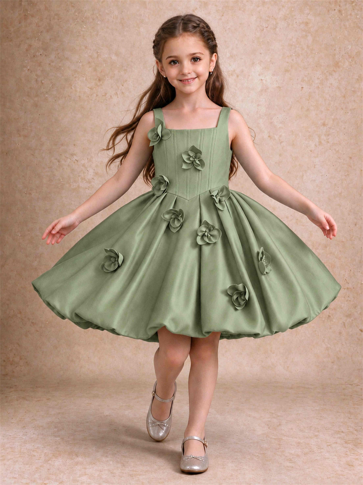 Satin Flower Girl Dress Square Neck 3D Floral Bubble Skirt with Big Bow for Wedding First Communion
