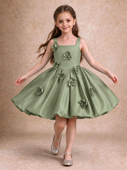 Satin Flower Girl Dress Square Neck 3D Floral Bubble Skirt with Big Bow for Wedding First Communion