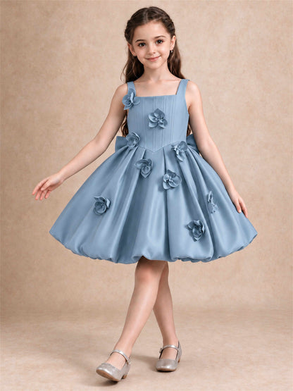Satin Flower Girl Dress Square Neck 3D Floral Bubble Skirt with Big Bow for Wedding First Communion