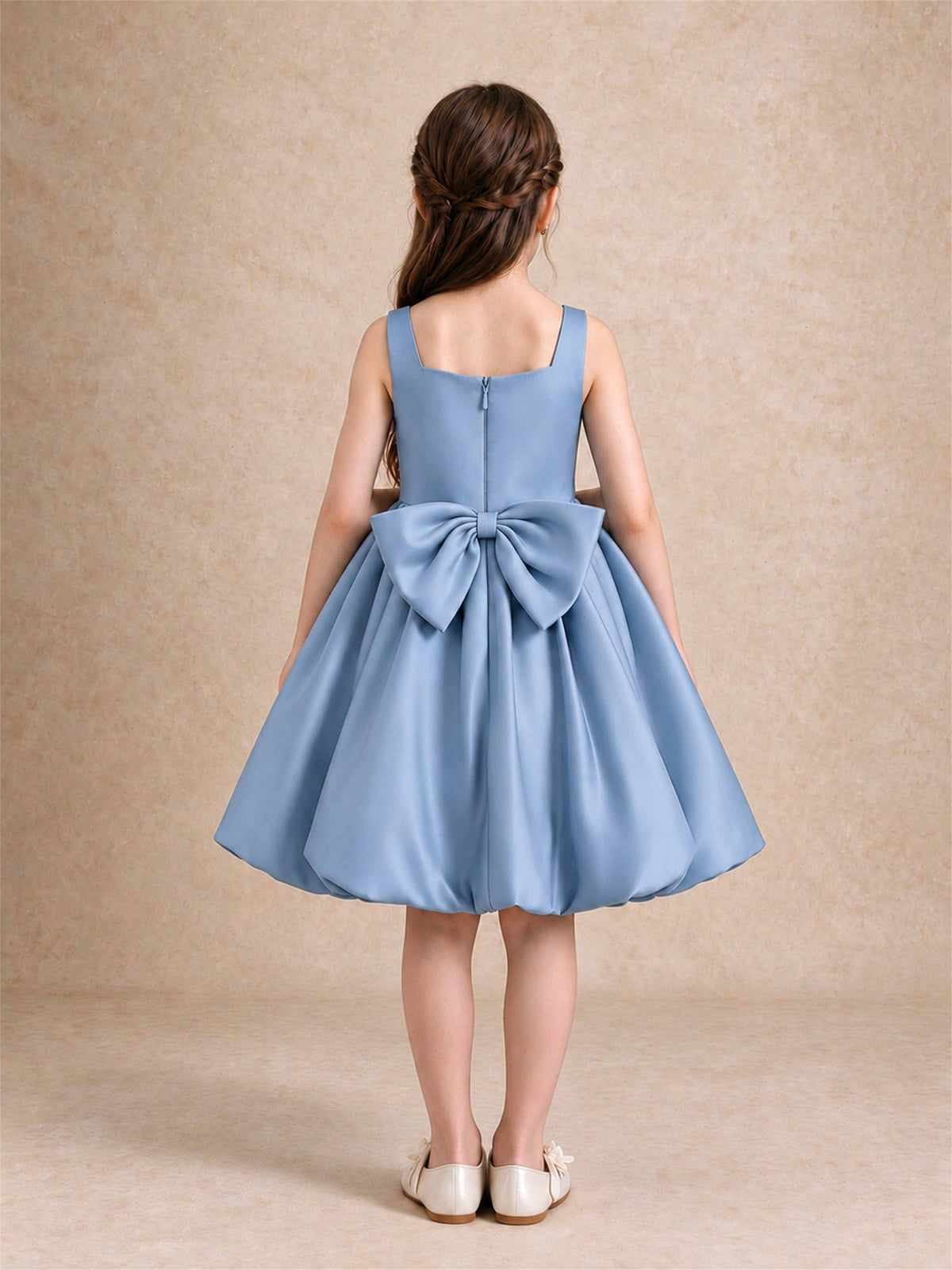 Satin Flower Girl Dress Square Neck 3D Floral Bubble Skirt with Big Bow for Wedding First Communion